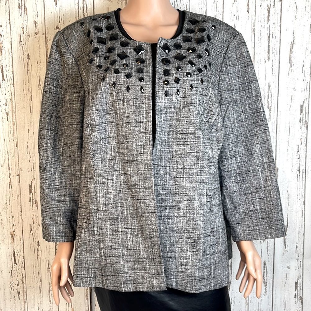 Dress Barn Grey Textured Open-Front Jacket with Black Beaded Trim